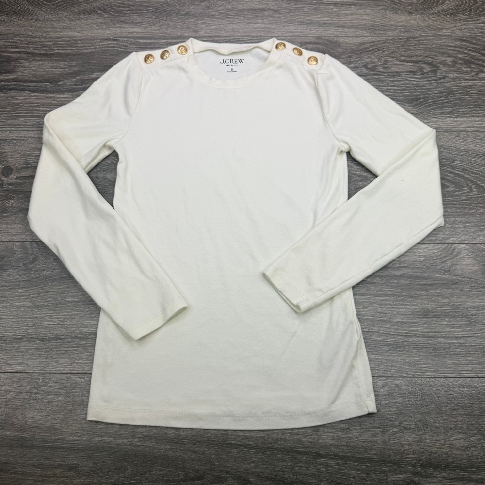 J Crew Shirt Womens Small Off White Perfect Fit Gold Buttons Long Sleeve Stretch